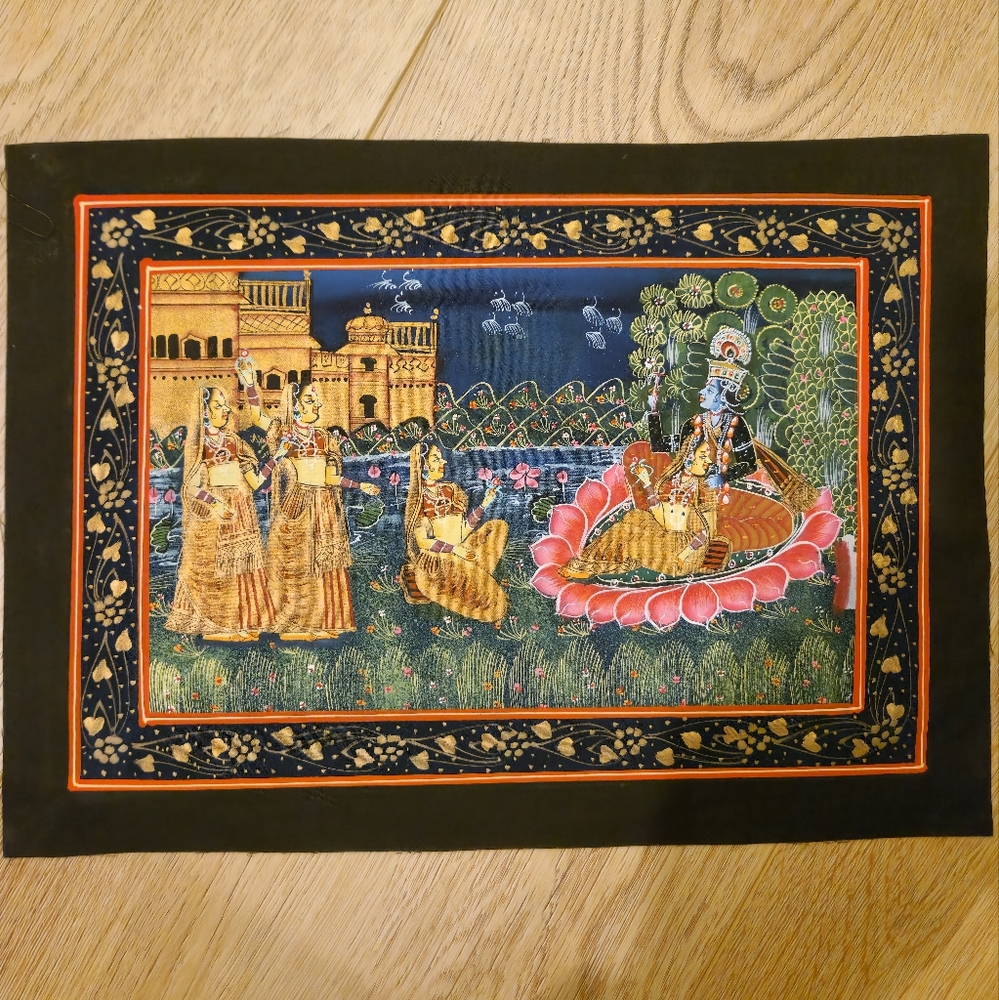 Original miniature Indian painting on silk fabric in natural colors